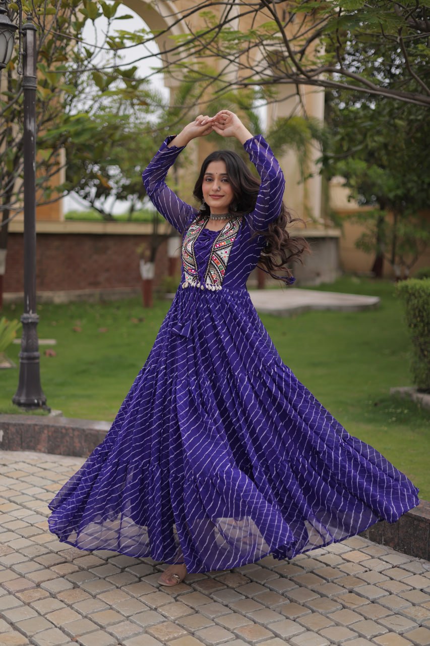 Blue Laheriya Print Patchwork Gown ClothsVilla