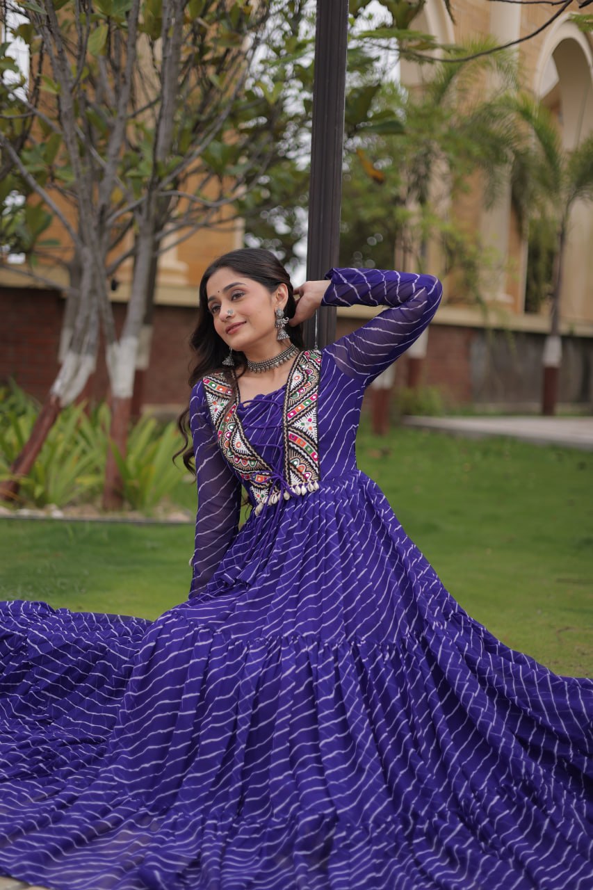 Blue Laheriya Print Patchwork Gown ClothsVilla