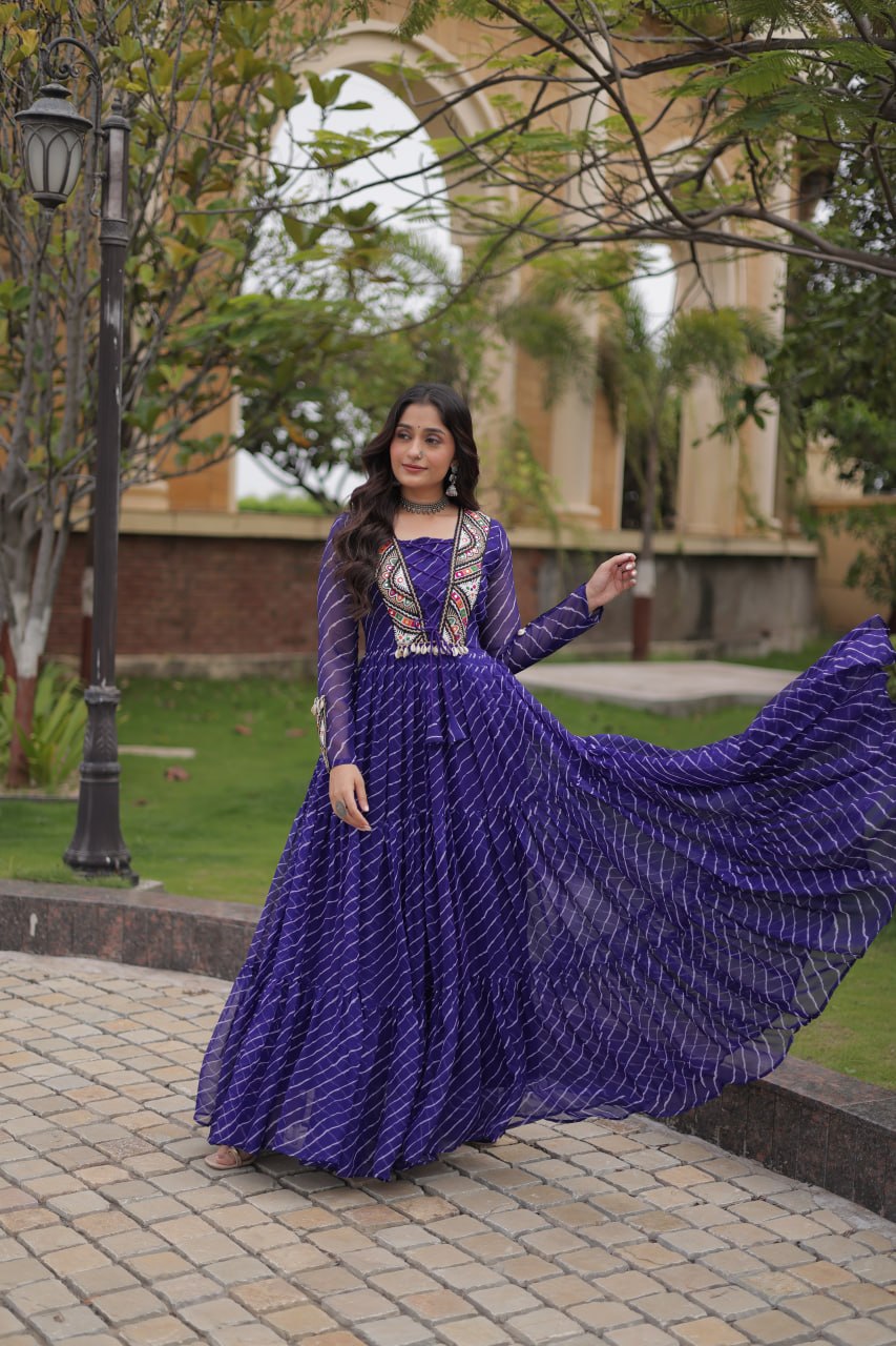 Blue Laheriya Print Patchwork Gown ClothsVilla