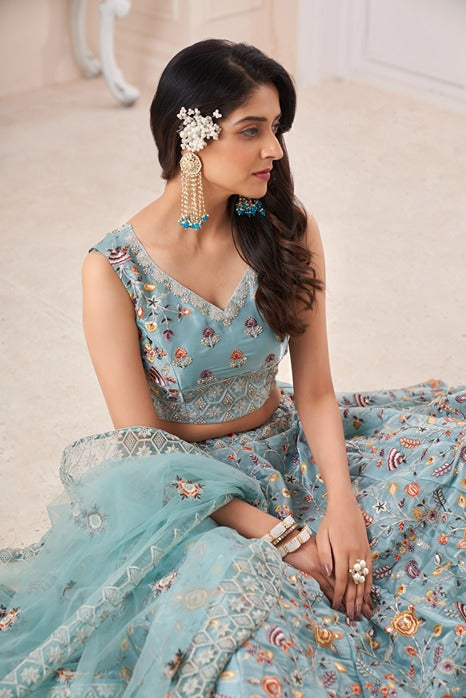 Designer Blue Lehenga Choli with Multicolor Thread Embroidery ClothsVilla