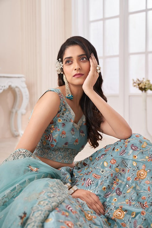 Designer Blue Lehenga Choli with Multicolor Thread Embroidery ClothsVilla