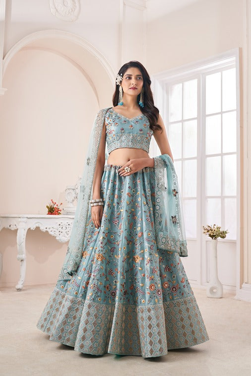 Designer Blue Lehenga Choli with Multicolor Thread Embroidery ClothsVilla