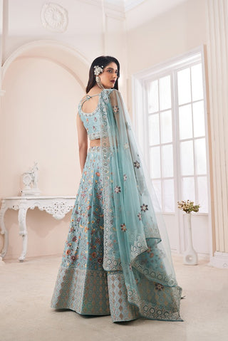 Designer Blue Lehenga Choli with Multicolor Thread Embroidery ClothsVilla