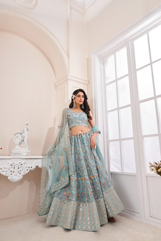Designer Blue Lehenga Choli with Multicolor Thread Embroidery ClothsVilla