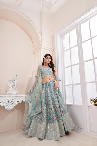 Designer Blue Lehenga Choli with Multicolor Thread Embroidery ClothsVilla