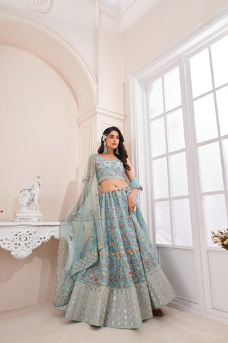 Designer Blue Lehenga Choli with Multicolor Thread Embroidery ClothsVilla