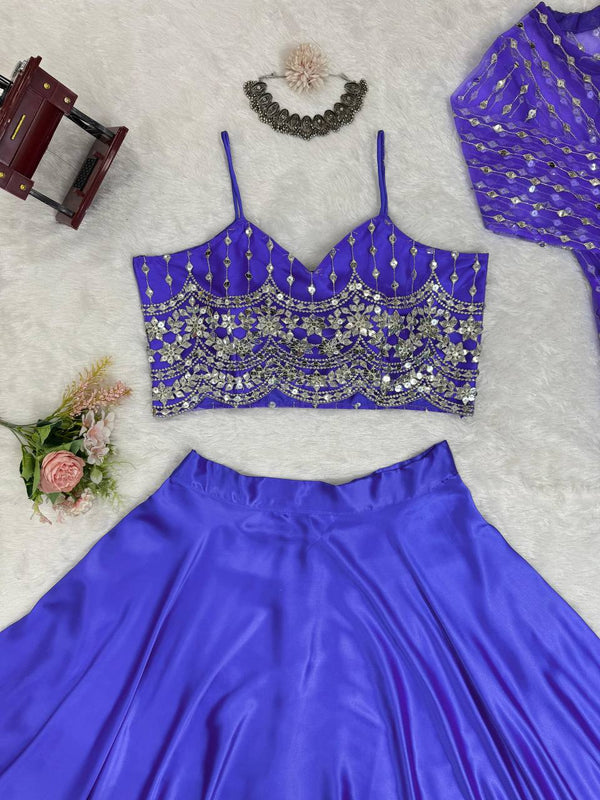 Blue Luxe Radiance Lehenga Choli Set with Stylish Koti – Japan Satin & Butterfly Net with Sequin Embroidery ClothsVilla