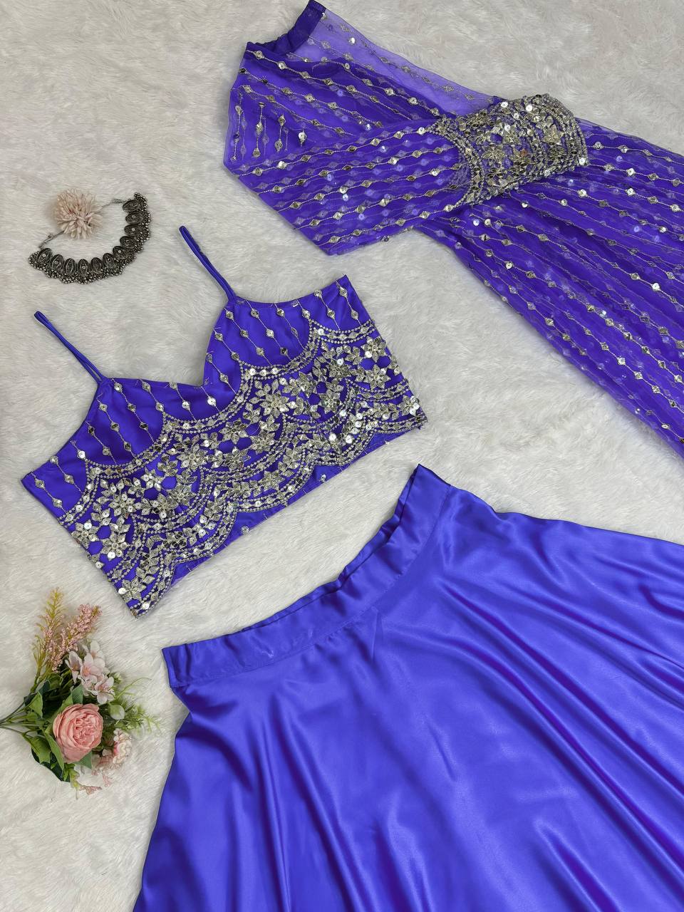 Blue Luxe Radiance Lehenga Choli Set with Stylish Koti – Japan Satin & Butterfly Net with Sequin Embroidery ClothsVilla