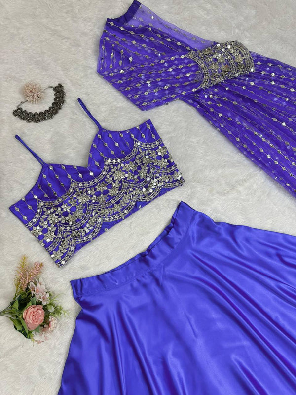 Blue Luxe Radiance Lehenga Choli Set with Stylish Koti – Japan Satin & Butterfly Net with Sequin Embroidery ClothsVilla