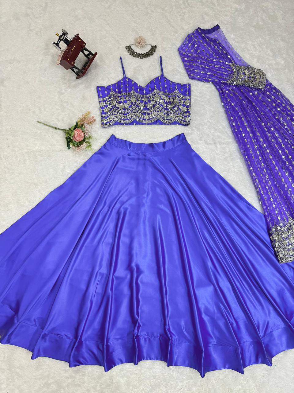 Blue Luxe Radiance Lehenga Choli Set with Stylish Koti – Japan Satin & Butterfly Net with Sequin Embroidery ClothsVilla