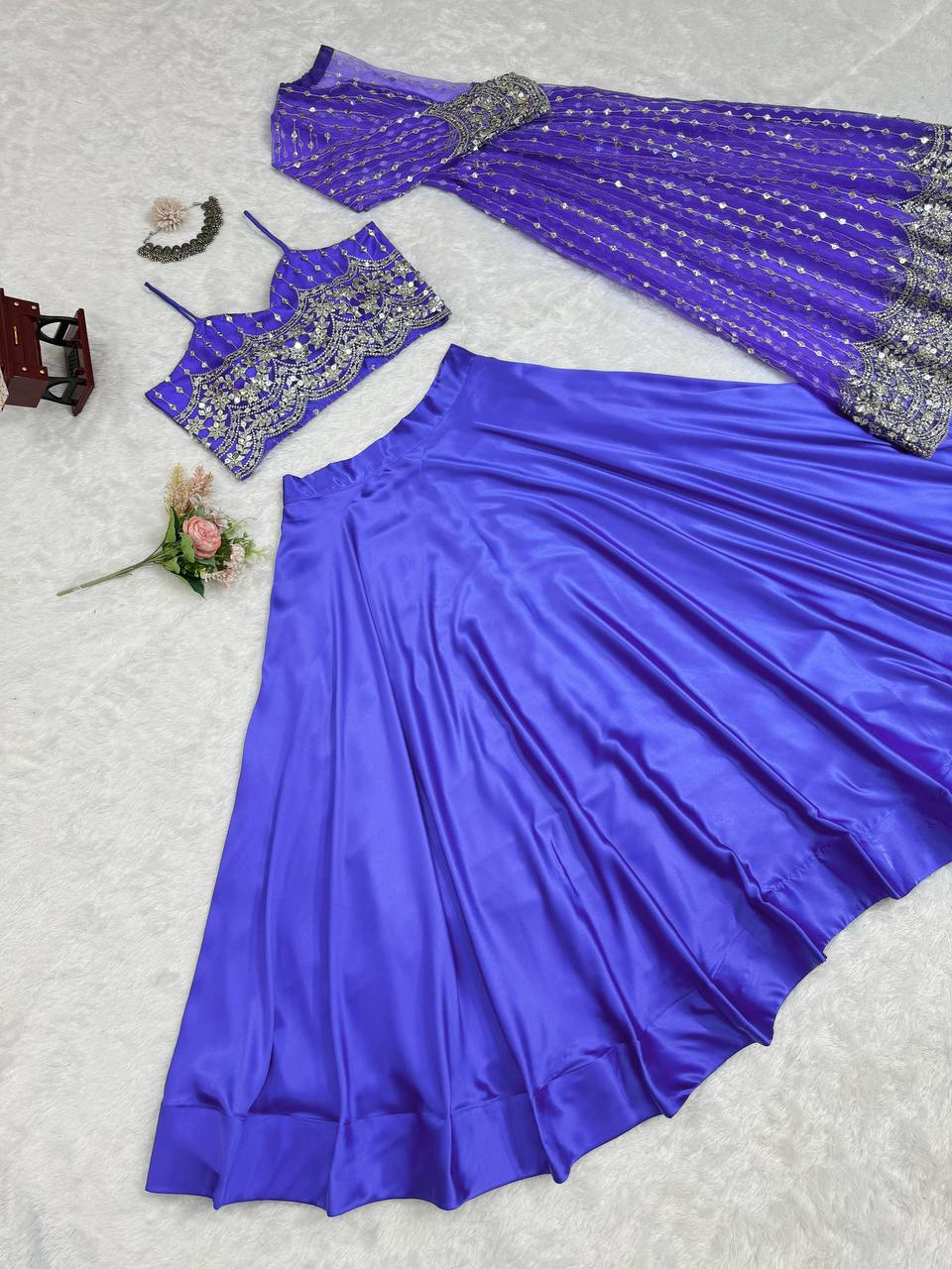 Blue Luxe Radiance Lehenga Choli Set with Stylish Koti – Japan Satin & Butterfly Net with Sequin Embroidery ClothsVilla