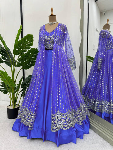Blue Luxe Radiance Lehenga Choli Set with Stylish Koti – Japan Satin & Butterfly Net with Sequin Embroidery ClothsVilla