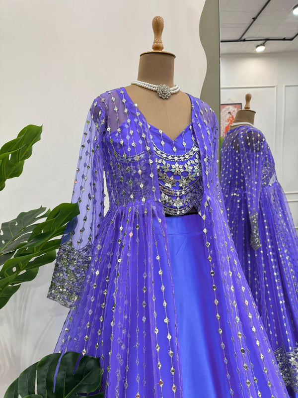 Blue Luxe Radiance Lehenga Choli Set with Stylish Koti – Japan Satin & Butterfly Net with Sequin Embroidery ClothsVilla