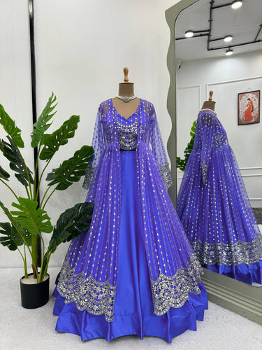 Blue Luxe Radiance Lehenga Choli Set with Stylish Koti – Japan Satin & Butterfly Net with Sequin Embroidery ClothsVilla