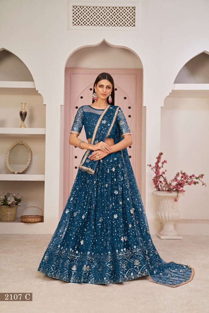 Blue Luxurious Butterfly Net Lehenga with All-Over Embroidery Clothsvilla