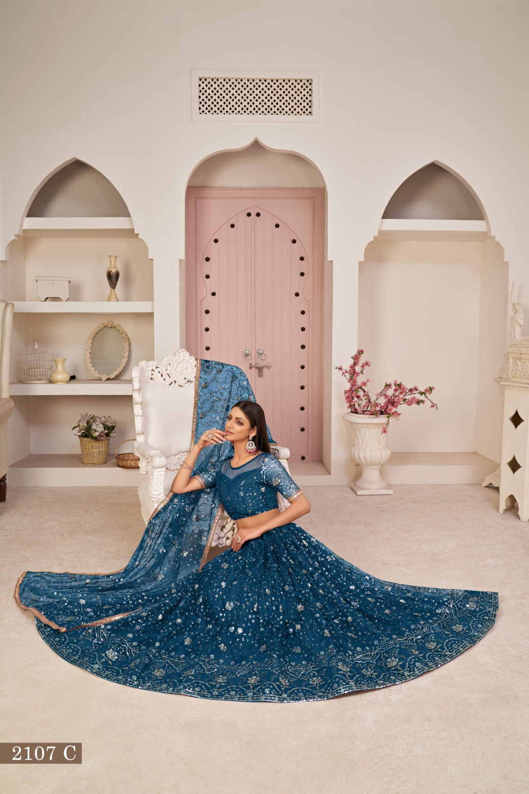 Blue Luxurious Butterfly Net Lehenga with All-Over Embroidery Secondary image