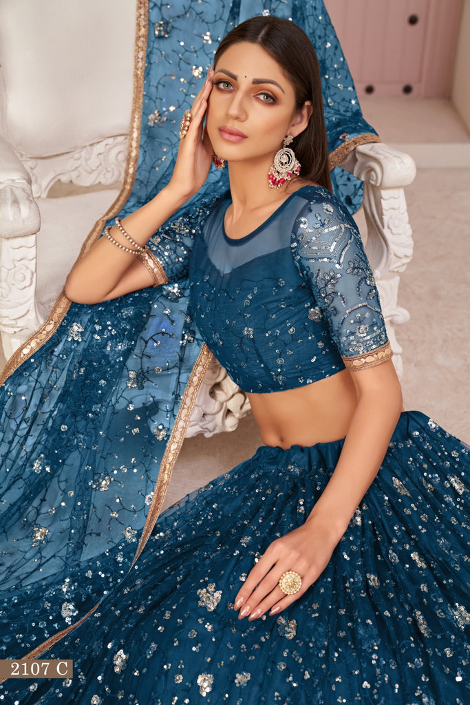 Blue Luxurious Butterfly Net Lehenga with All-Over Embroidery Clothsvilla