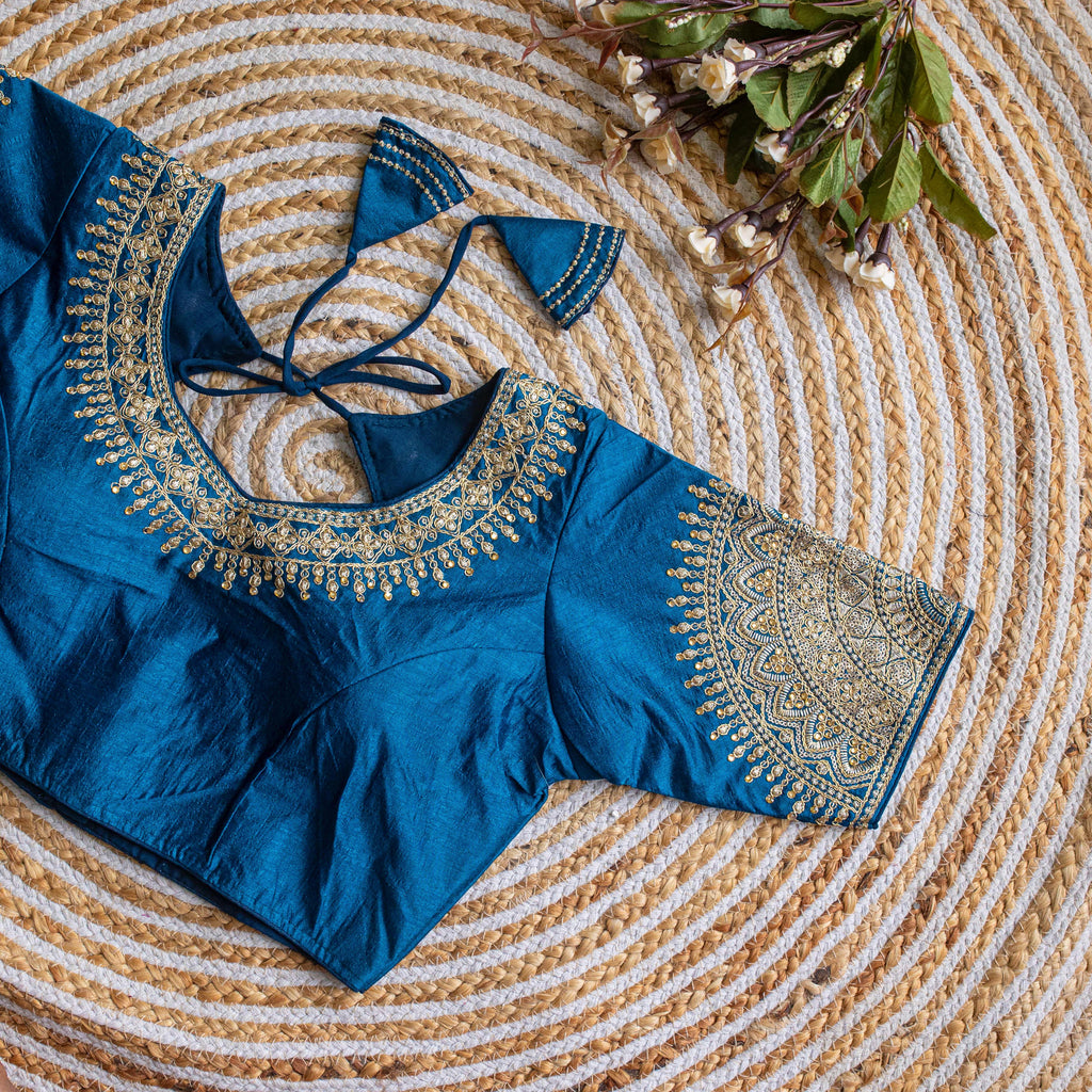 Blue Luxurious Lucknowi Silk Blouse with Golden Embroidery and Sequins ClothsVilla