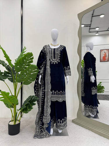 Blue Luxurious Viscose Velvet Plazo Set with Embroidered Dupatta Clothsvilla