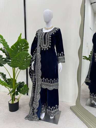 Blue Luxurious Viscose Velvet Plazo Set with Embroidered Dupatta Clothsvilla