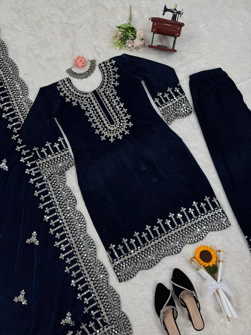 Blue Luxurious Viscose Velvet Plazo Set with Embroidered Dupatta Clothsvilla