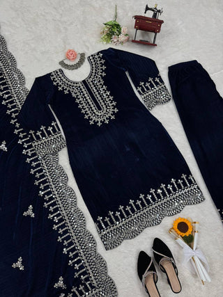 Blue Luxurious Viscose Velvet Plazo Set with Embroidered Dupatta Clothsvilla