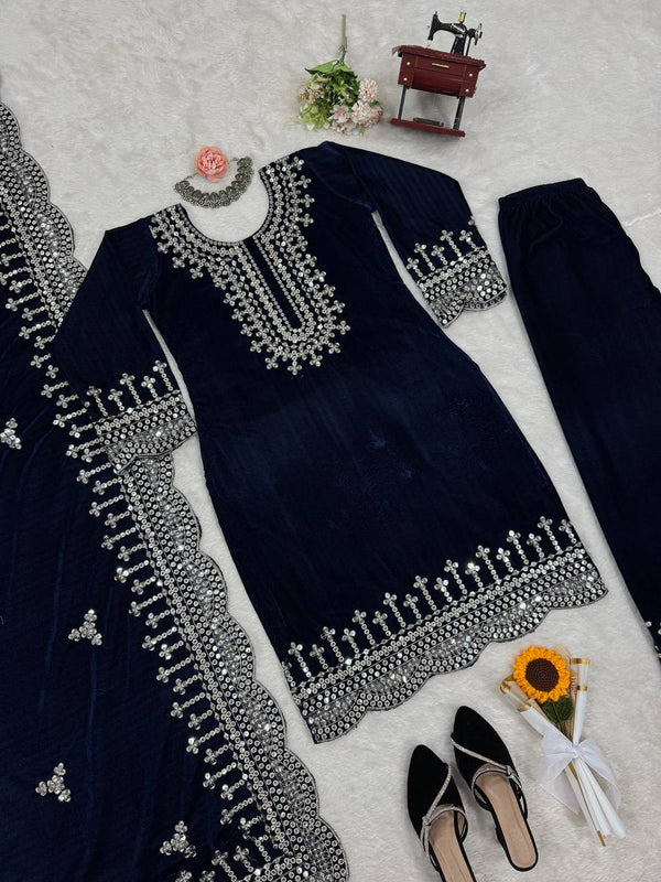 Blue Luxurious Viscose Velvet Plazo Set with Embroidered Dupatta Clothsvilla
