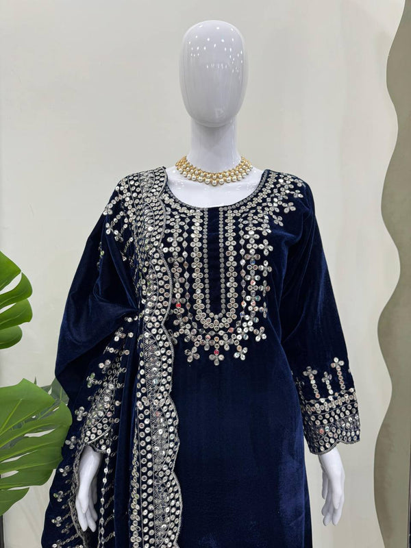 Blue Luxurious Viscose Velvet Plazo Set with Embroidered Dupatta Clothsvilla