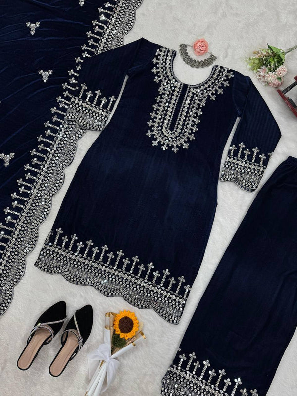 Blue Luxurious Viscose Velvet Plazo Set with Embroidered Dupatta Clothsvilla