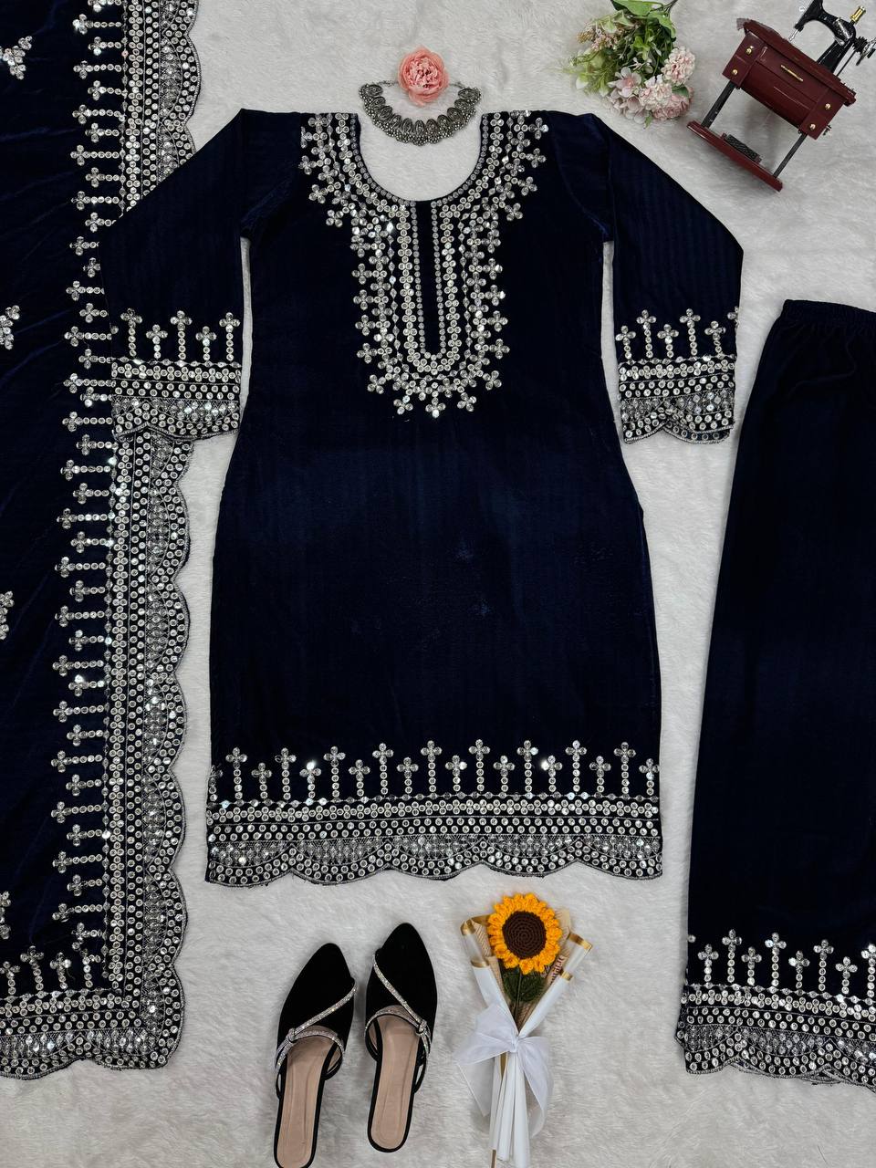 Blue Luxurious Viscose Velvet Plazo Set with Embroidered Dupatta Clothsvilla