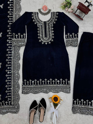 Blue Luxurious Viscose Velvet Plazo Set with Embroidered Dupatta Clothsvilla