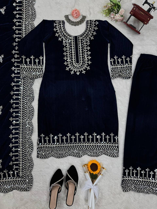 Blue Luxurious Viscose Velvet Plazo Set with Embroidered Dupatta Clothsvilla