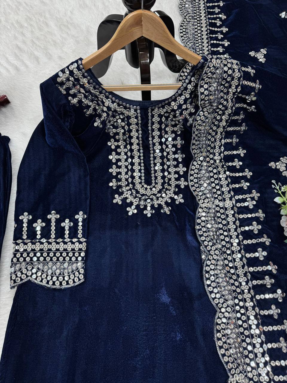 Blue Luxurious Viscose Velvet Plazo Set with Embroidered Dupatta Clothsvilla