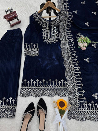 Blue Luxurious Viscose Velvet Plazo Set with Embroidered Dupatta Clothsvilla