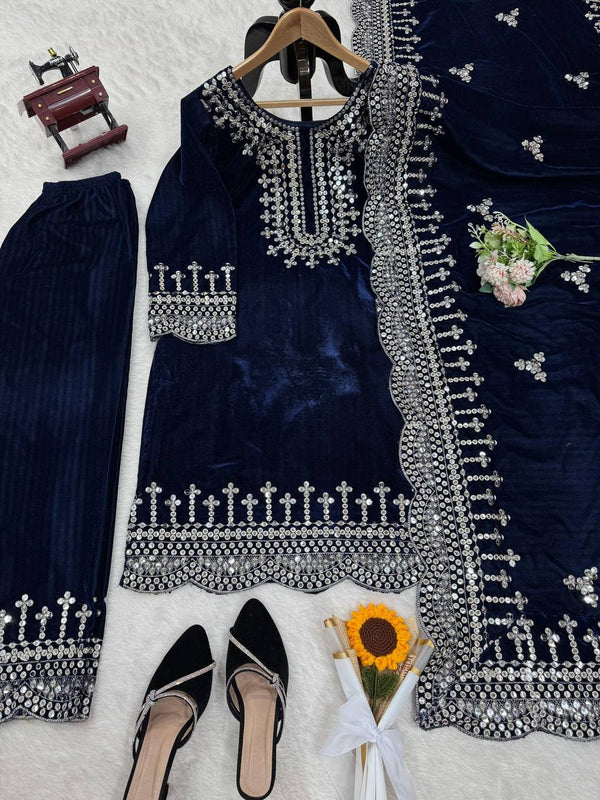 Blue Luxurious Viscose Velvet Plazo Set with Embroidered Dupatta Clothsvilla