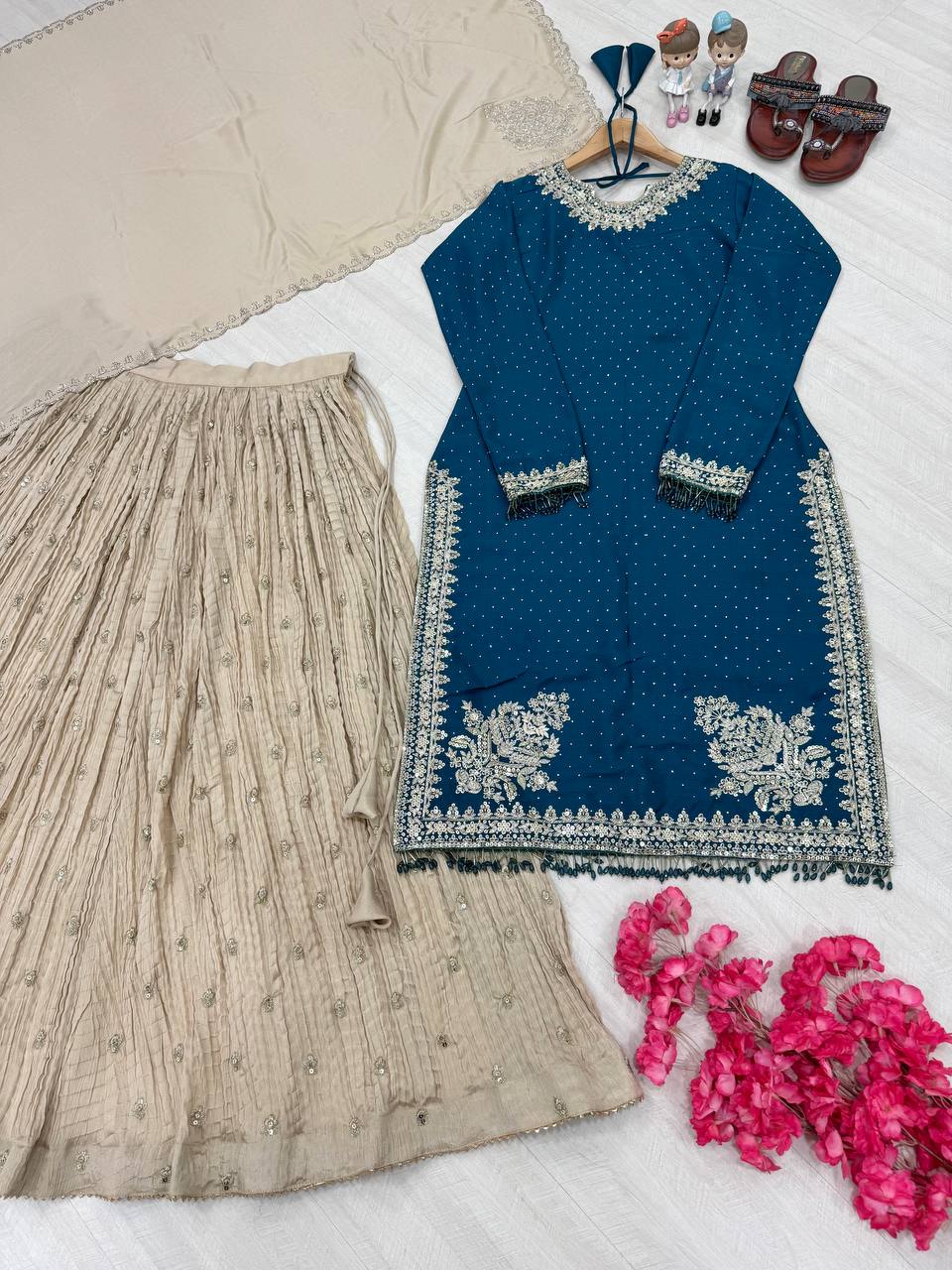 Blue Luxury Chinon Silk Lehenga Set with 5mm Sequin & Siroski Diamond Work ClothsVilla