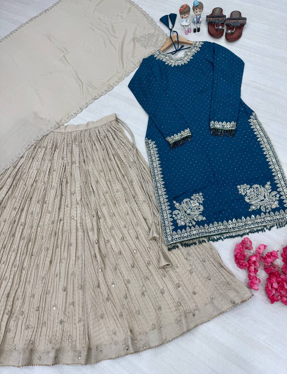 Blue Luxury Chinon Silk Lehenga Set with 5mm Sequin & Siroski Diamond Work ClothsVilla