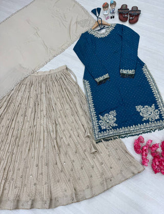 Blue Luxury Chinon Silk Lehenga Set with 5mm Sequin & Siroski Diamond Work ClothsVilla