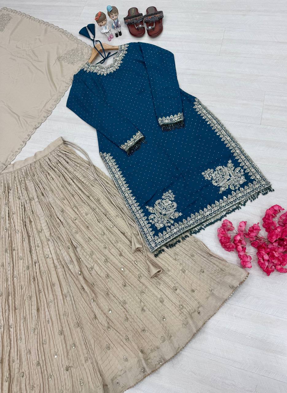 Blue Luxury Chinon Silk Lehenga Set with 5mm Sequin & Siroski Diamond Work ClothsVilla