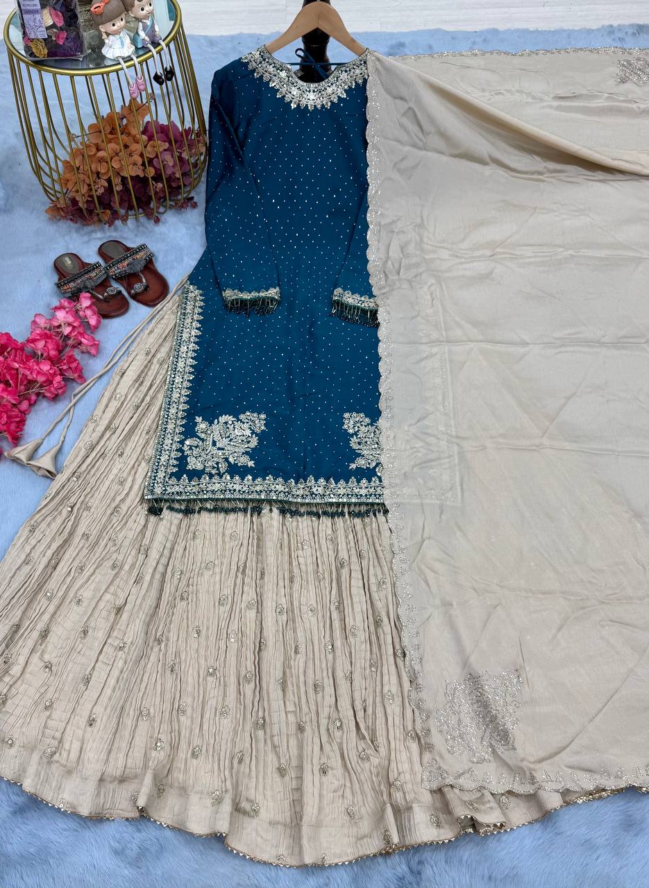 Blue Luxury Chinon Silk Lehenga Set with 5mm Sequin & Siroski Diamond Work ClothsVilla