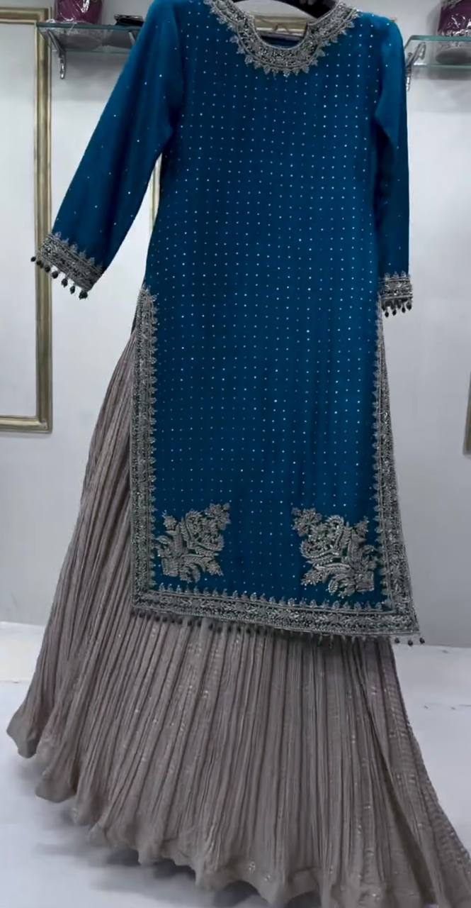 Blue Luxury Chinon Silk Lehenga Set with 5mm Sequin & Siroski Diamond Work ClothsVilla