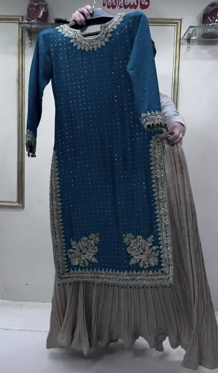 Blue Luxury Chinon Silk Lehenga Set with 5mm Sequin & Siroski Diamond Work ClothsVilla