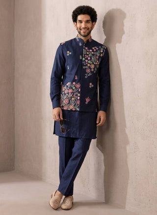 Blue Men's Kurta Pant with Embroidered Koti Set ClothsVilla