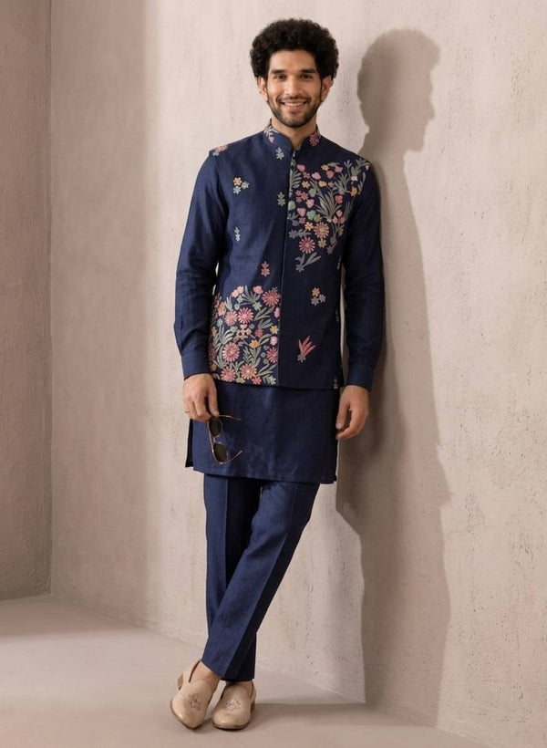 Blue Men's Kurta Pant with Embroidered Koti Set ClothsVilla