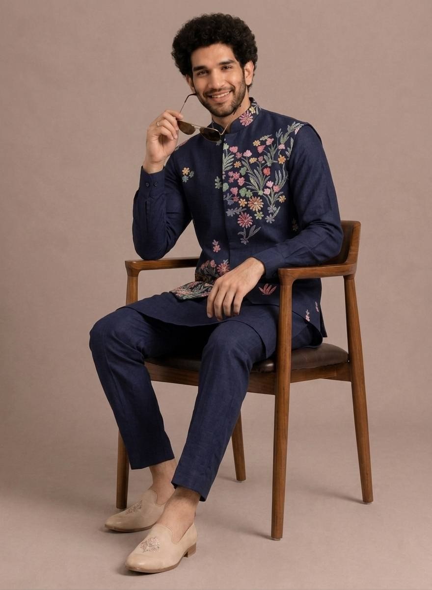 Blue Men's Kurta Pant with Embroidered Koti Set ClothsVilla