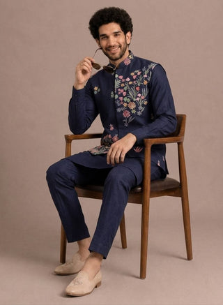 Blue Men's Kurta Pant with Embroidered Koti Set ClothsVilla