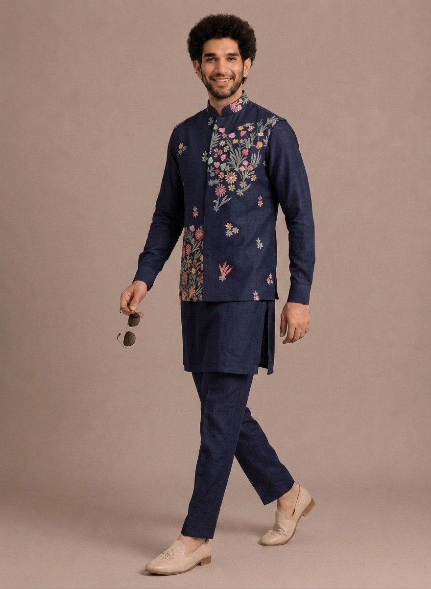 Blue Men's Kurta Pant with Embroidered Koti Set ClothsVilla