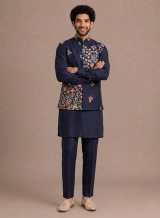 Blue Men's Kurta Pant with Embroidered Koti Set ClothsVilla