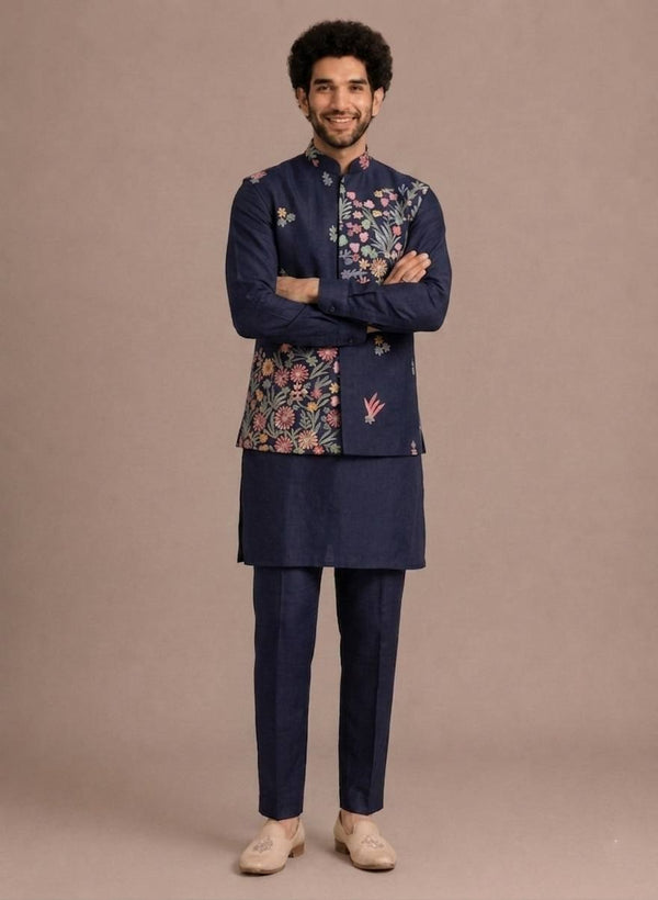 Blue Men's Kurta Pant with Embroidered Koti Set ClothsVilla