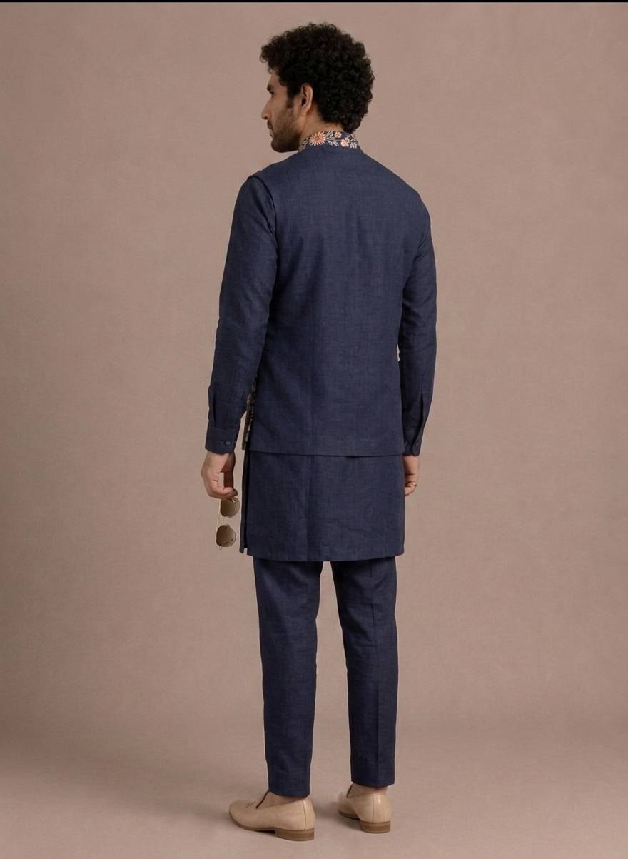 Blue Men's Kurta Pant with Embroidered Koti Set ClothsVilla